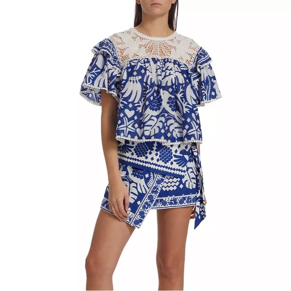 FARM RIO Navy Blue Jungle Scarf Lace Ruffle Sleeve Blouse - Picture 9 of 16